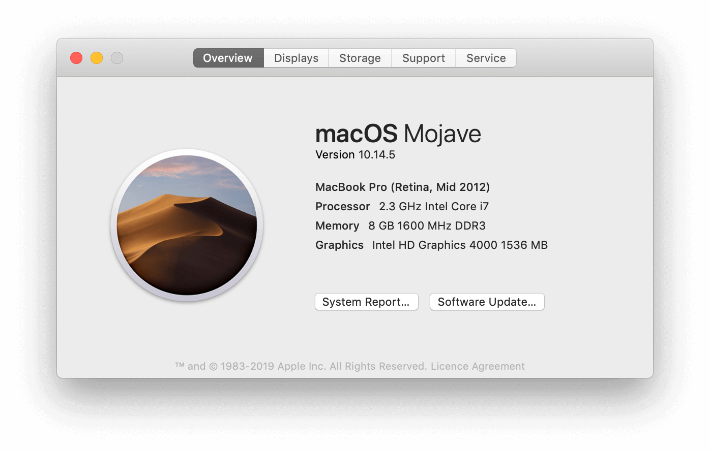 Macbook Pro Retina 2012. Operating system: macOS 10.14.5. Processor: 2.3 GHz Intel Core i7. Memory: 8 GB 1600 MHz DDR3.